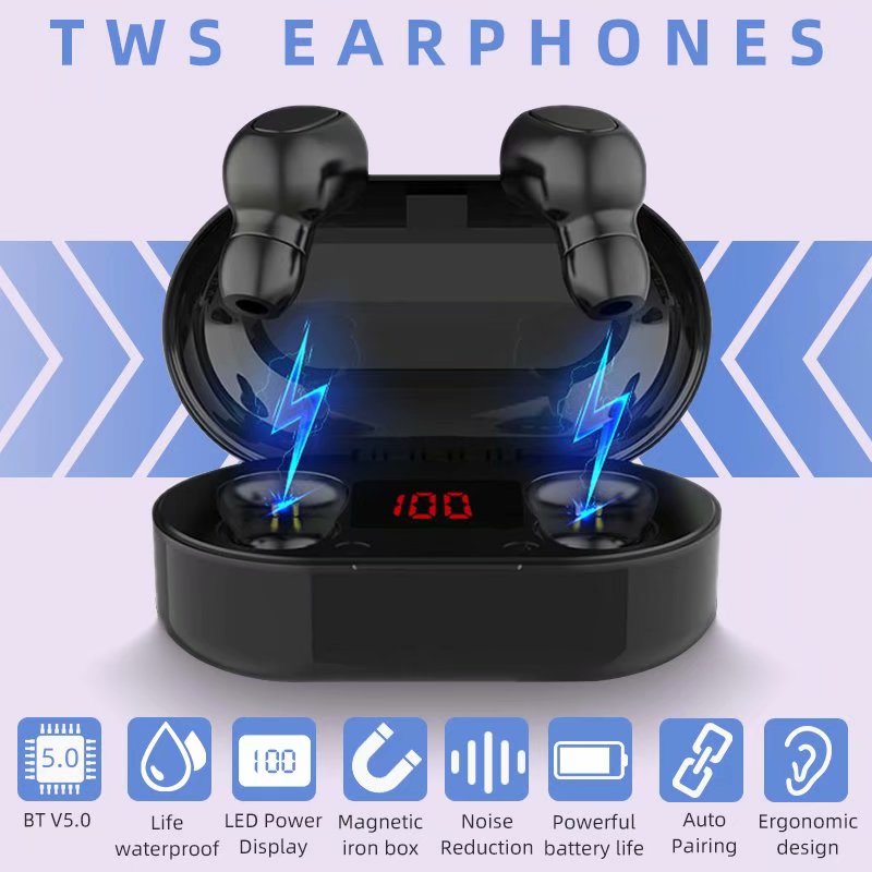 Bluetooth 5.0 TWS Earphones Wireless Earbuds Waterproof Sport Earphone Power Display 9D Surround Sound Auto Pairing Noise Reduction Earphones For IOS Android - image 1 of 8
