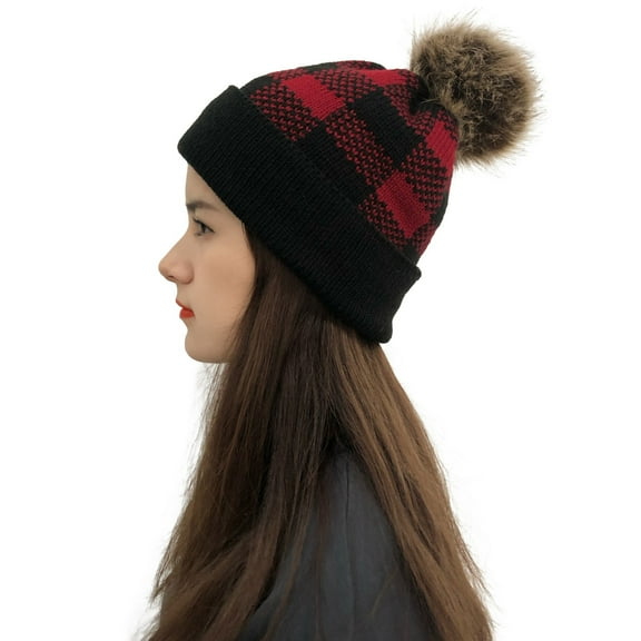 QQAMB Women's Knitting Beanie Hat Cap Winter Check Plaid Brim Outdoor Warm Headwear Cable Hats