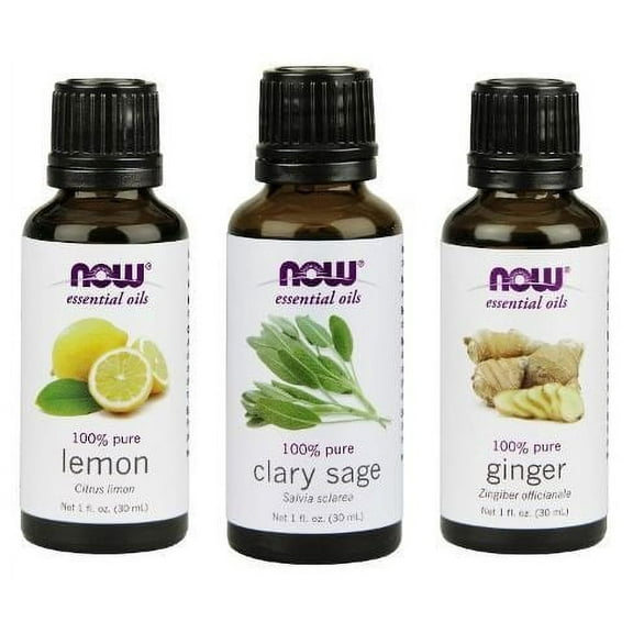 Now Foods Refresh Yourself 3-Pack Variety, Clary Sage Oil, Ginger Oil, & Lemon Oil 1OZ Each