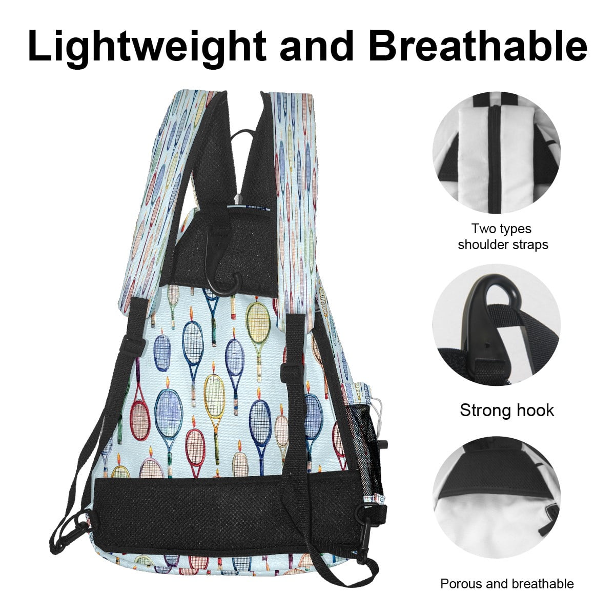 Pickleball Bag with Padded Back, Light Blue Tennis Rackets Multi-Compartment Paddle Backpack, Lightweight Nylon Sports Bag for Men & Women