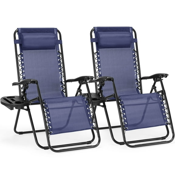 CONCETTA 2PCS Zero Gravity Patio Recliner, Textilene Folding Lounge with Adjustable Pillow & Cup Tray, Blue