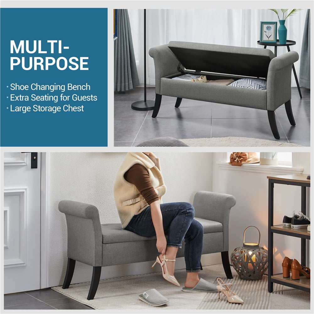 Yaheetech 18"H Modern Fabric Tufted Storage Ottoman Bench with Rolled Arms, Light Gray