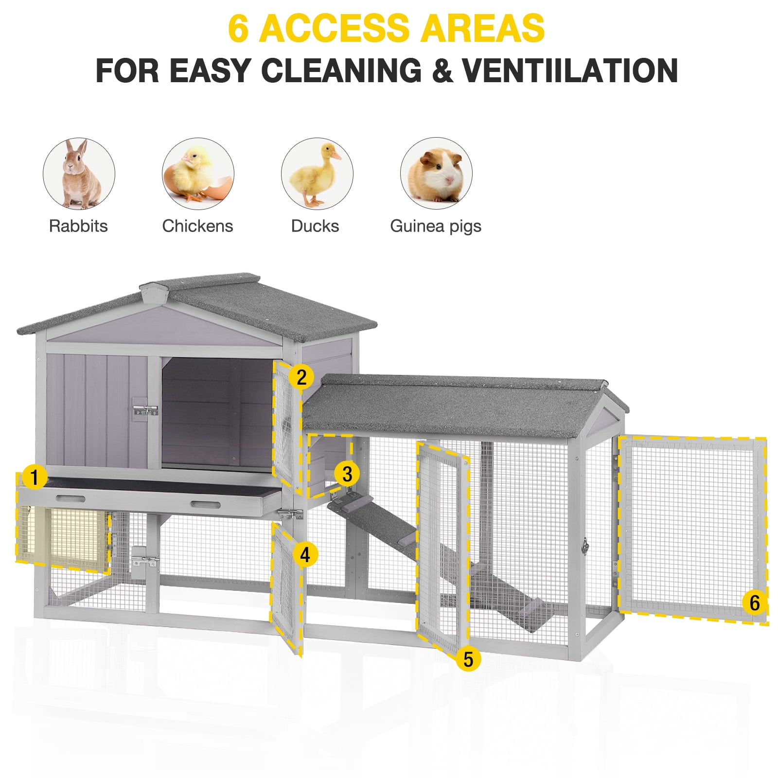 Aivituvin Chicken Coop Wooden Outdoor Hen House 6 Access Doors Rabbit Hutch with Run, Deeper Leakproof Pull-Out Tray and Weatherproof Roof