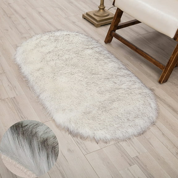 Soft Plush Area Rug Oval 20x 32inch Shaggy Faux Sheepskin Small Fuzzy Black and White Mat Chair Cushion Living Room Bedroom