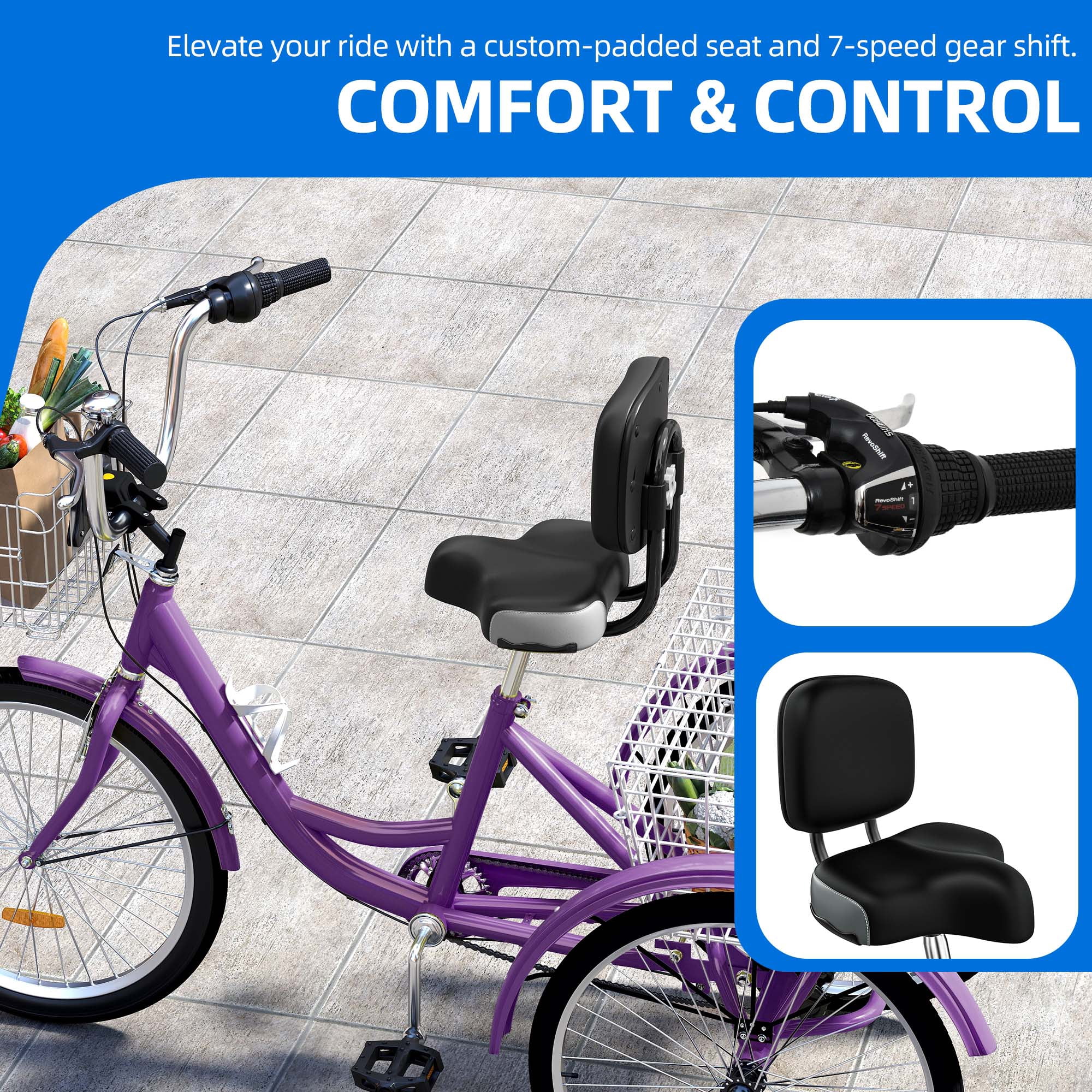 Uforic Adult Tricycle, 24 Inch 7 Speed Three Wheel Bike, Cruiser Trike with Large Seat Backrest for Men Senior Women, Purple