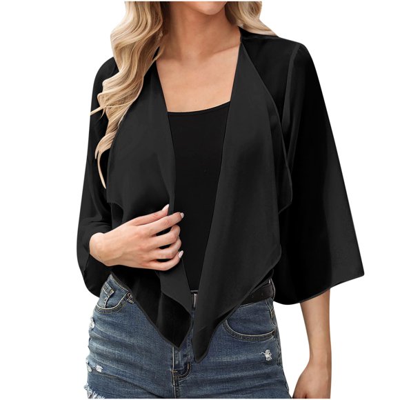 Women's Chiffon Shrug Cardigan 3/4 Sleeve Open Front Drape Irregular Hem Bolero Lightweight Sheer Casual Cover Up Black, L