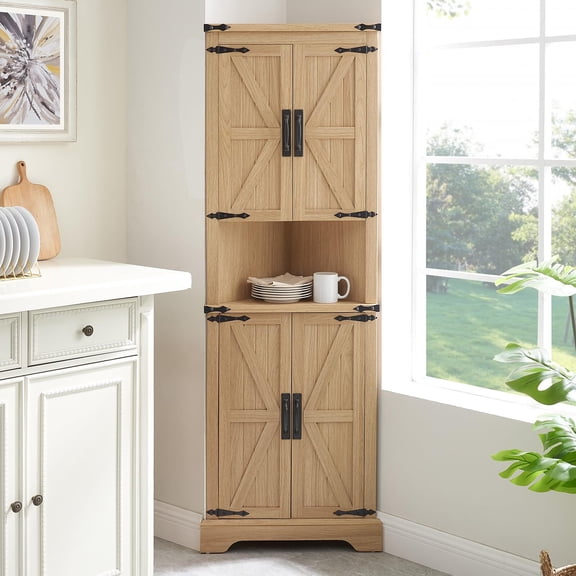 Buildhom Tall Farmhouse 4-Door Corner Cabinet with Adjustable Shelves, Barn Door Storage for Living Room, Kitchen, Laundry, Natural