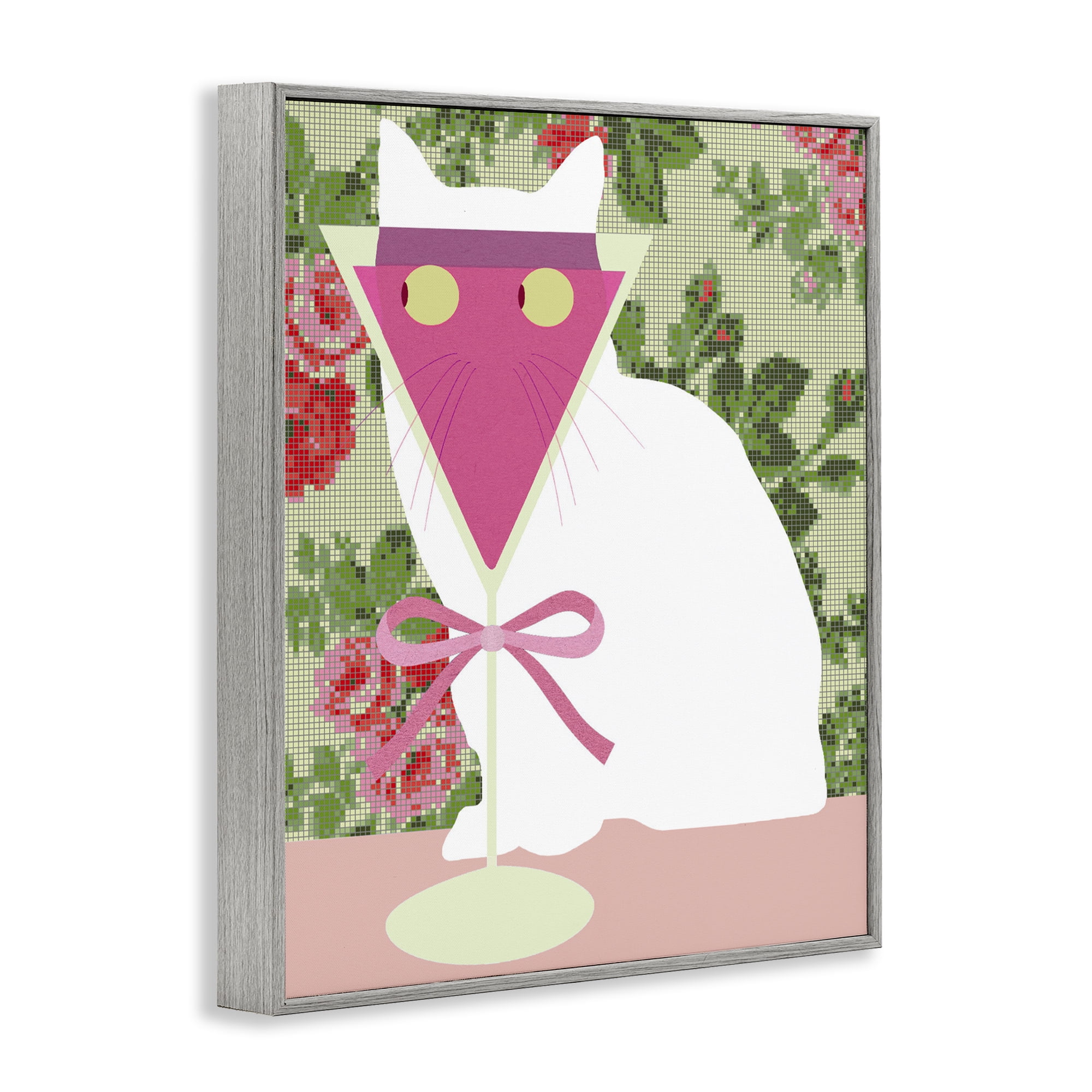 Stupell Industries White Cat with Pink Martini Gray Framed Giclee Art, design by Lil' Rue