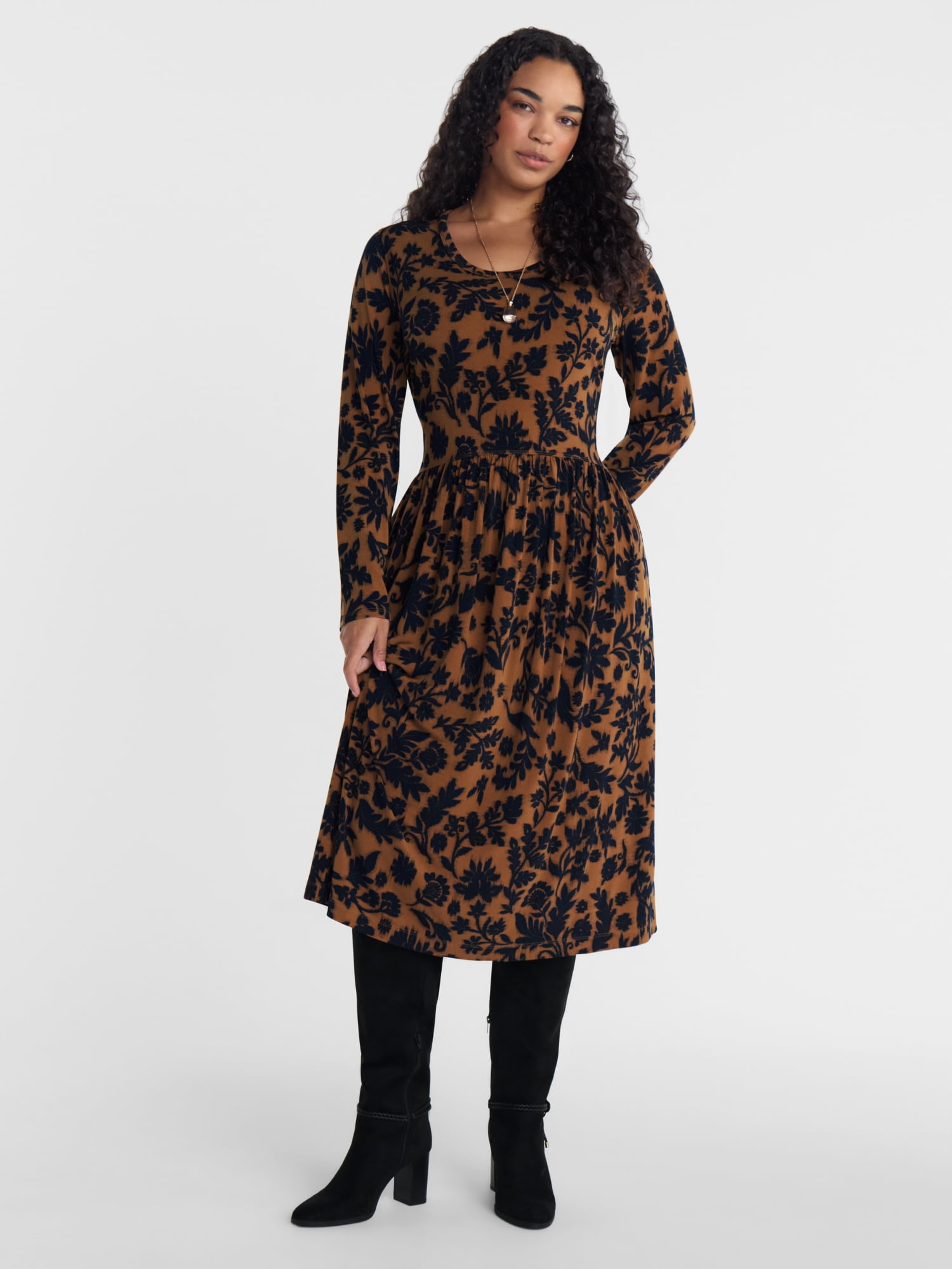 Scenario Women's Scoop Neck Midi Dress with Long Sleeves, Sizes XS-XXXL