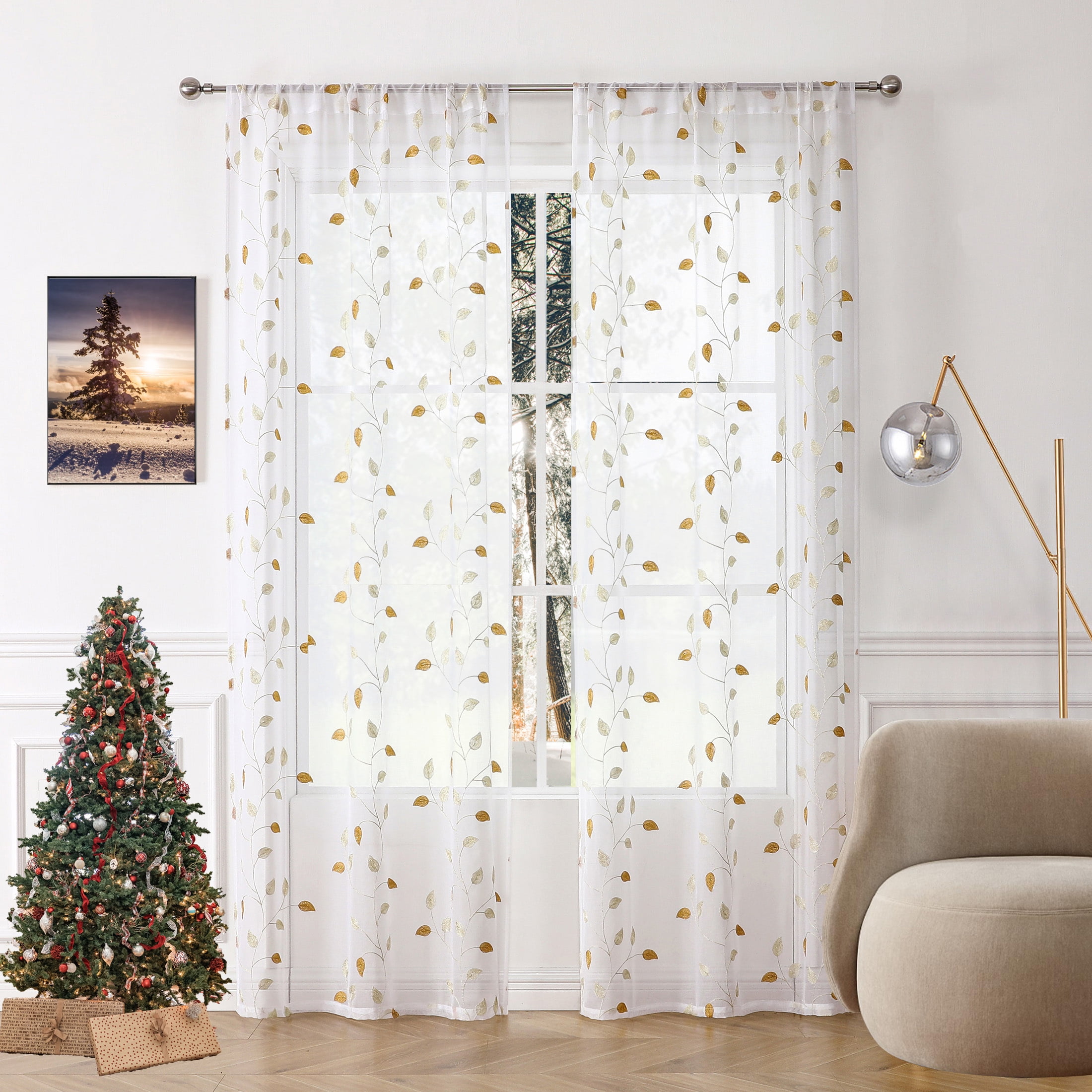 Fragrantex Gold and White Sheer Curtains 84 inches Long with Yellow Leaf Silver Embroidered Living Room Curtains Botanical Window drapes 2 Panels Rod Pocket,38'W x 84'L