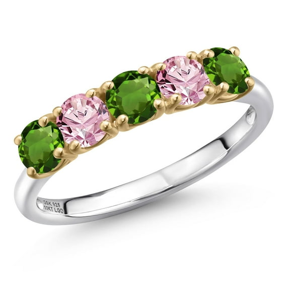 Gem Stone King 925 Silver and 10K Yellow Gold Green Tourmaline and Pink Lab Grown Diamond Wedding-Bands Ring for Women | 1.25 Cttw | Round 4MM | Gemstone October Birthstone | Size 5