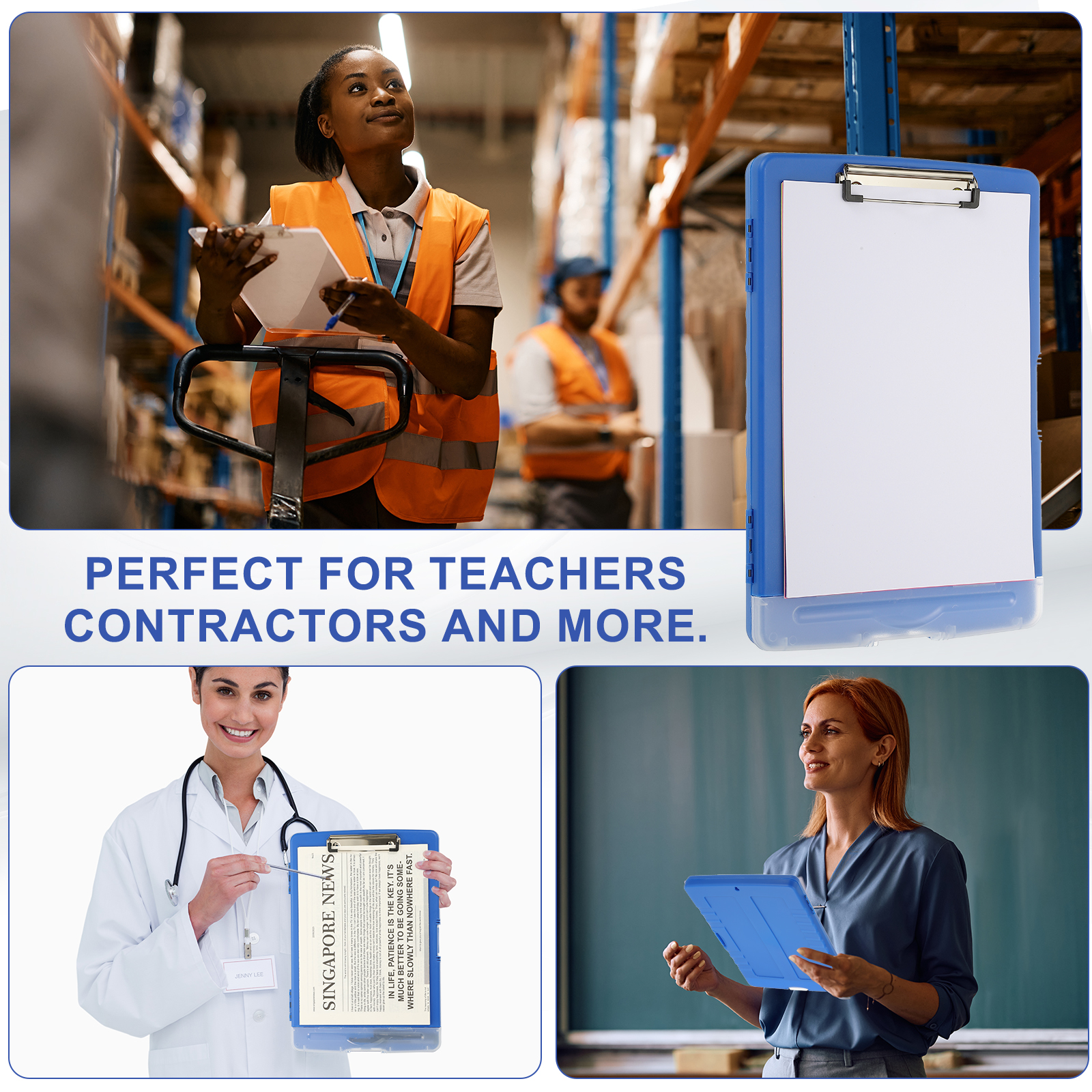 Uxcell 14'' x 10'' Metal Clipboard with Plastic Storage Large Capacity Clipboards Case for Writing Dark Blue