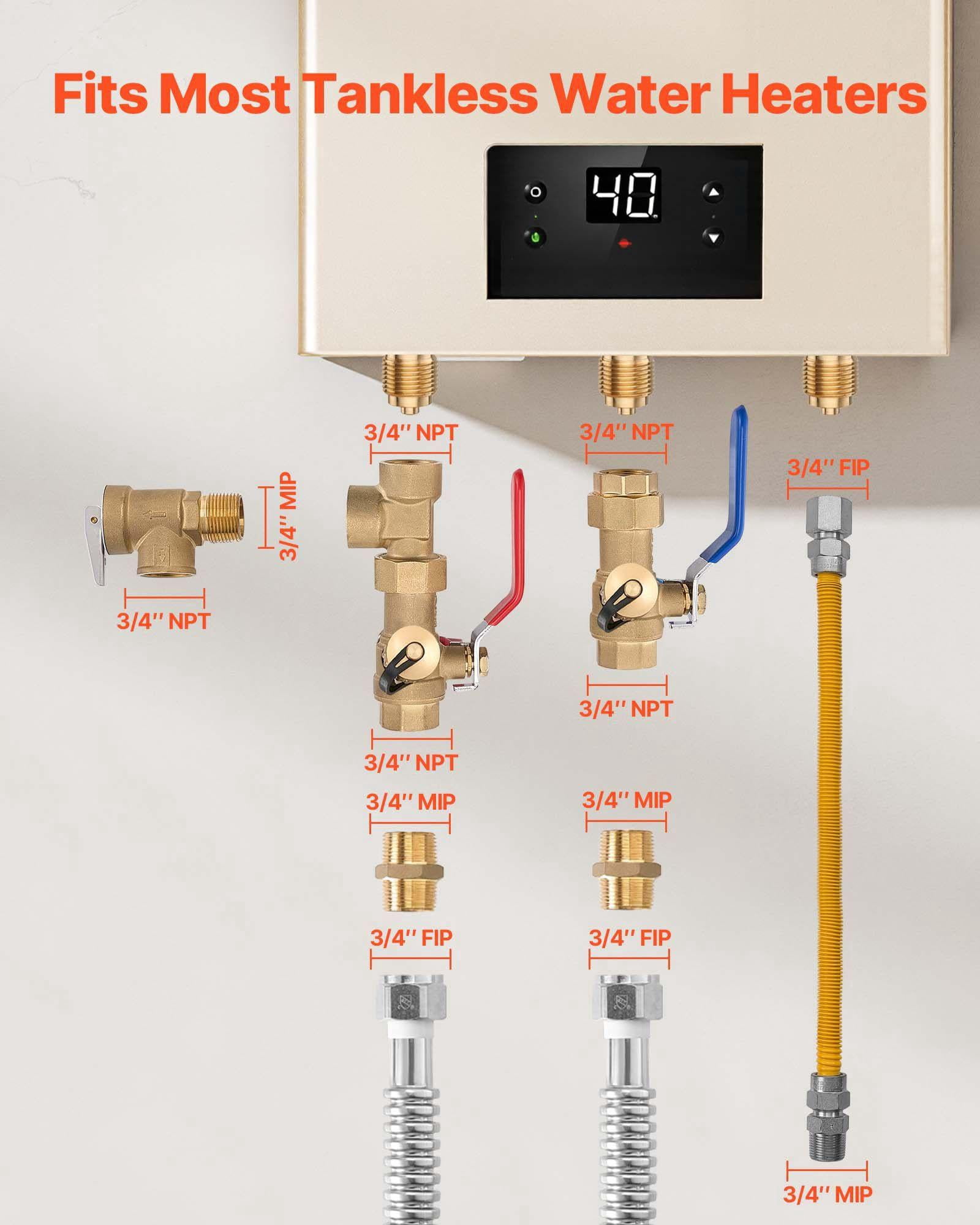 3/4 Inch Water Heater Repair Kit with 600 WOG Valves Pressure Relief Valve Gas Hose for Tankless Heaters