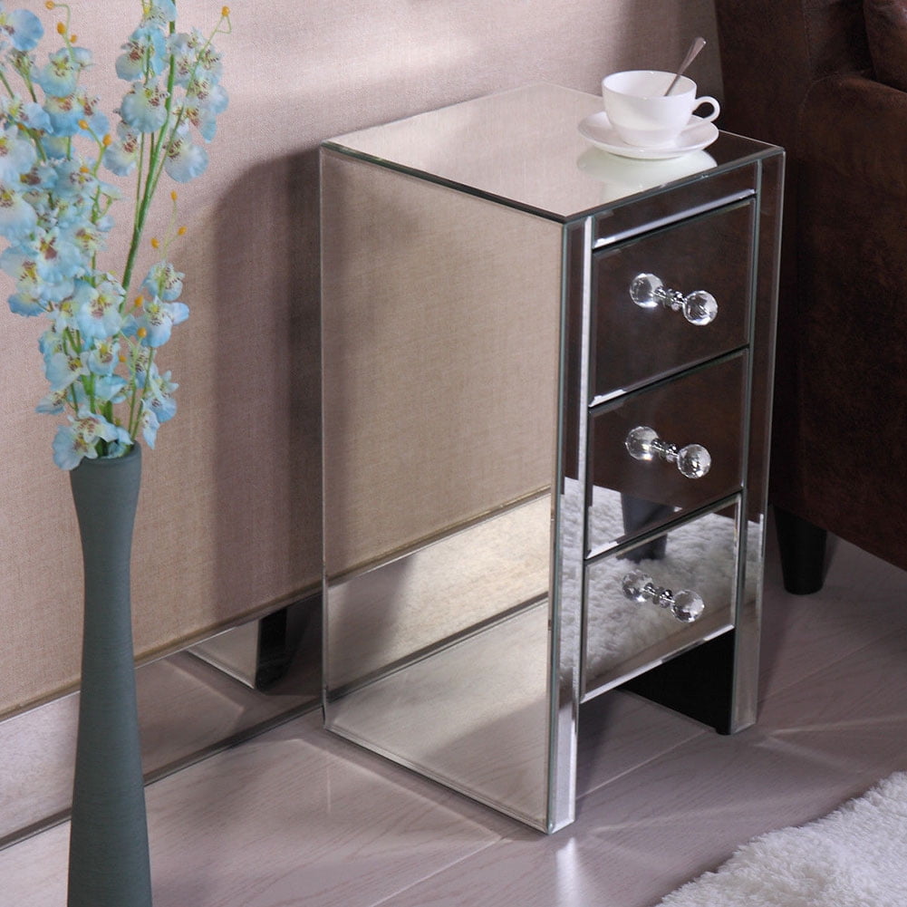 Kadyn Mirrored End Table for Bedroom , Small Mirror Accent Silver Table End Table with 3-drawers, Bedside Furniture for Bedroom Living Room
