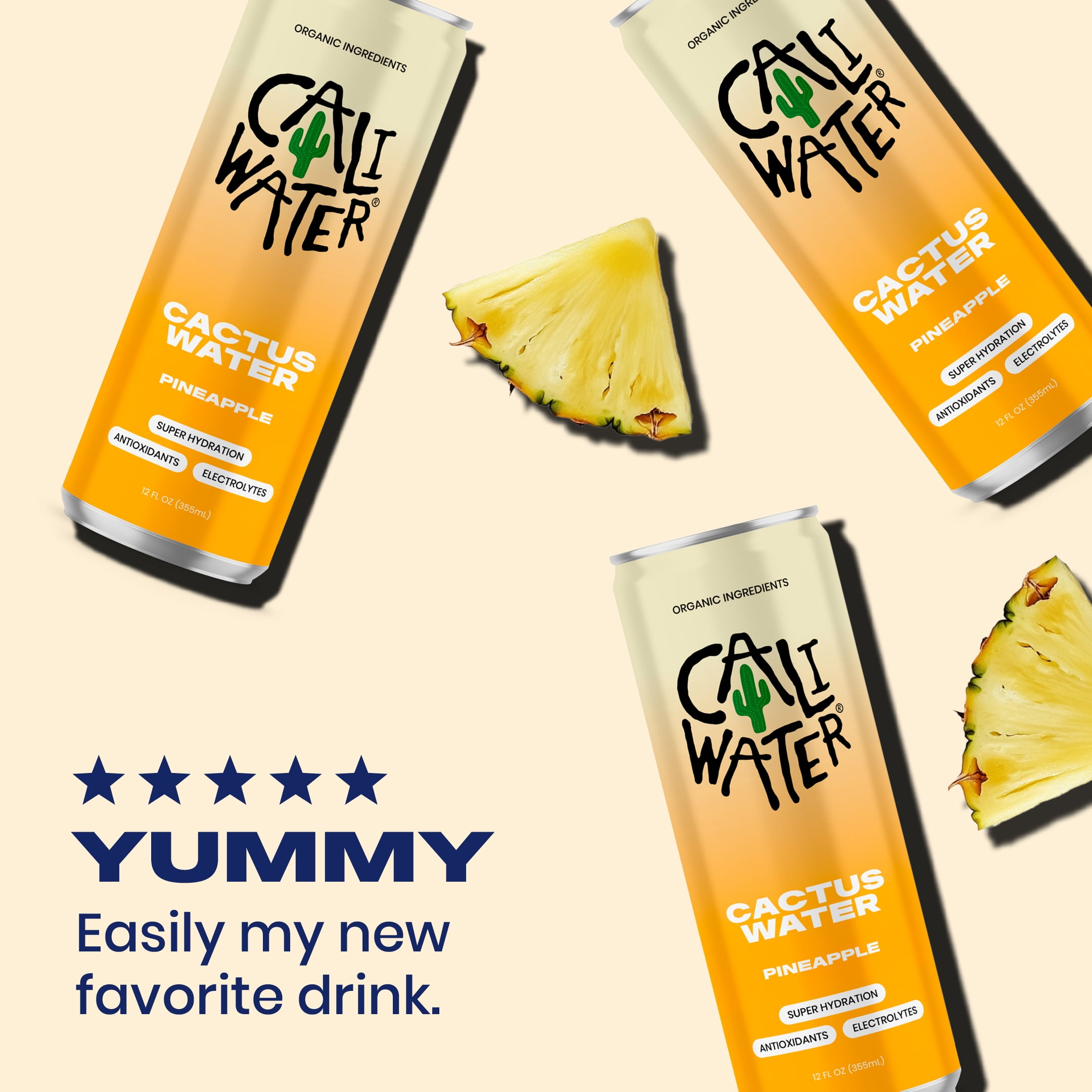 (12 pack) Caliwater Organic Cactus Water, Pineapple, Single Can, Coconut Water Alternative, 12 fl oz, Crisp