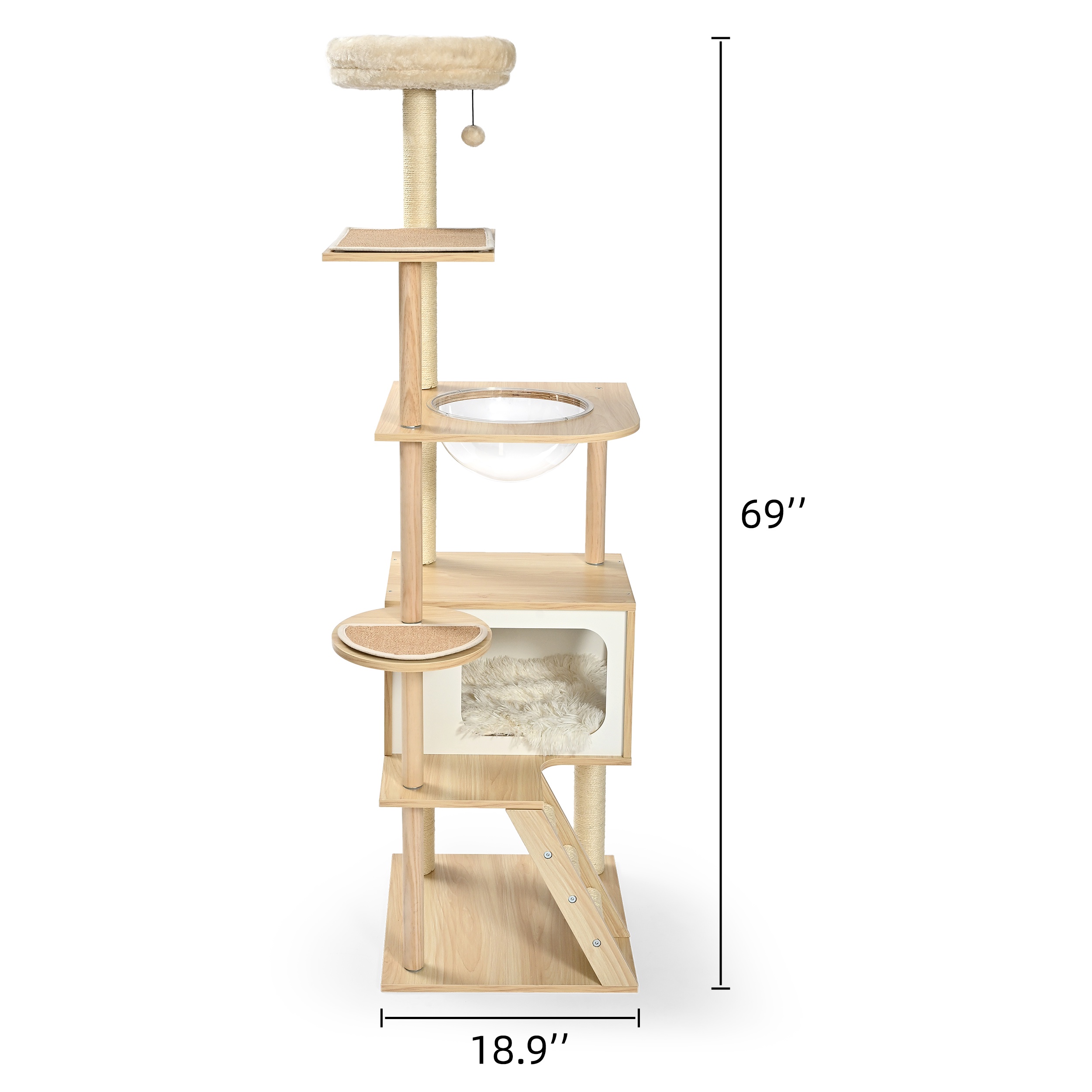 Vibrant Life 7-Level 69" Natural Wood Cat Tree with Condo, Ladder, and Acrylic Hammock, Beige