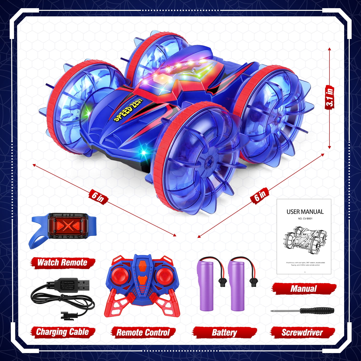 Carsky Amphibious RC Stunt Car for Kids, 2.4G Spider-Style Remote Control Car with Gesture Watch, Double-Sided Driving, LED Lights, Waterproof All-Terrain Toy Gift for Boys & Girls