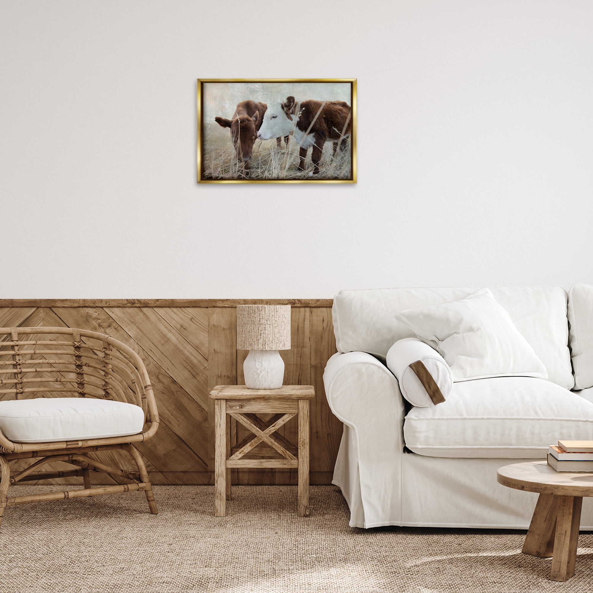 Stupell Industries Baby Calf Pair in Grass Animals & Insects Photography Gold Floater Framed Canvas Art Print Wall Art, 25 x 17