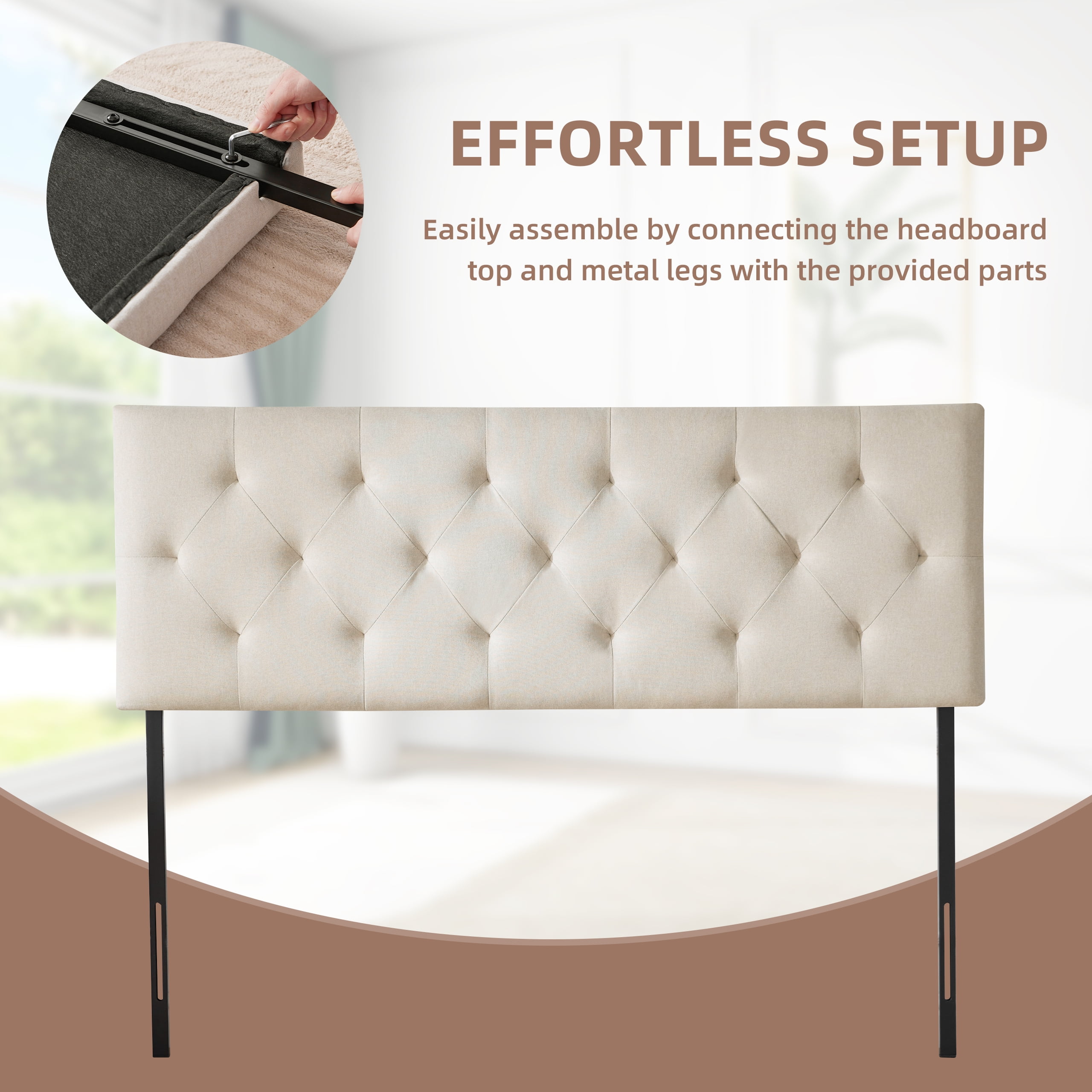 Weture Linen Upholstered Full Headboard, Modern Diamond Tufting, Adjustable Height, Beige