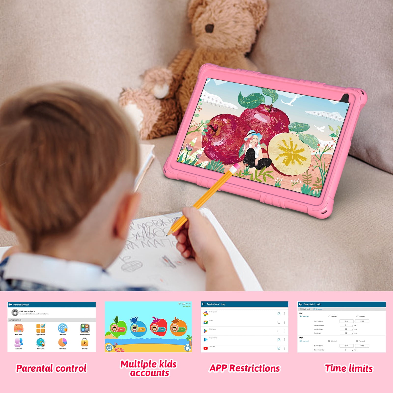 Android 15 Kids Tablet 10 inch Tablet for Kids, Toddler Tablets with Shockproof Case, 6GB RAM 32GB ROM 1TB Expand, Parental Controls, Kids Space, Child Learning, WiFi, 6000mAh, Dual Camera, Pink