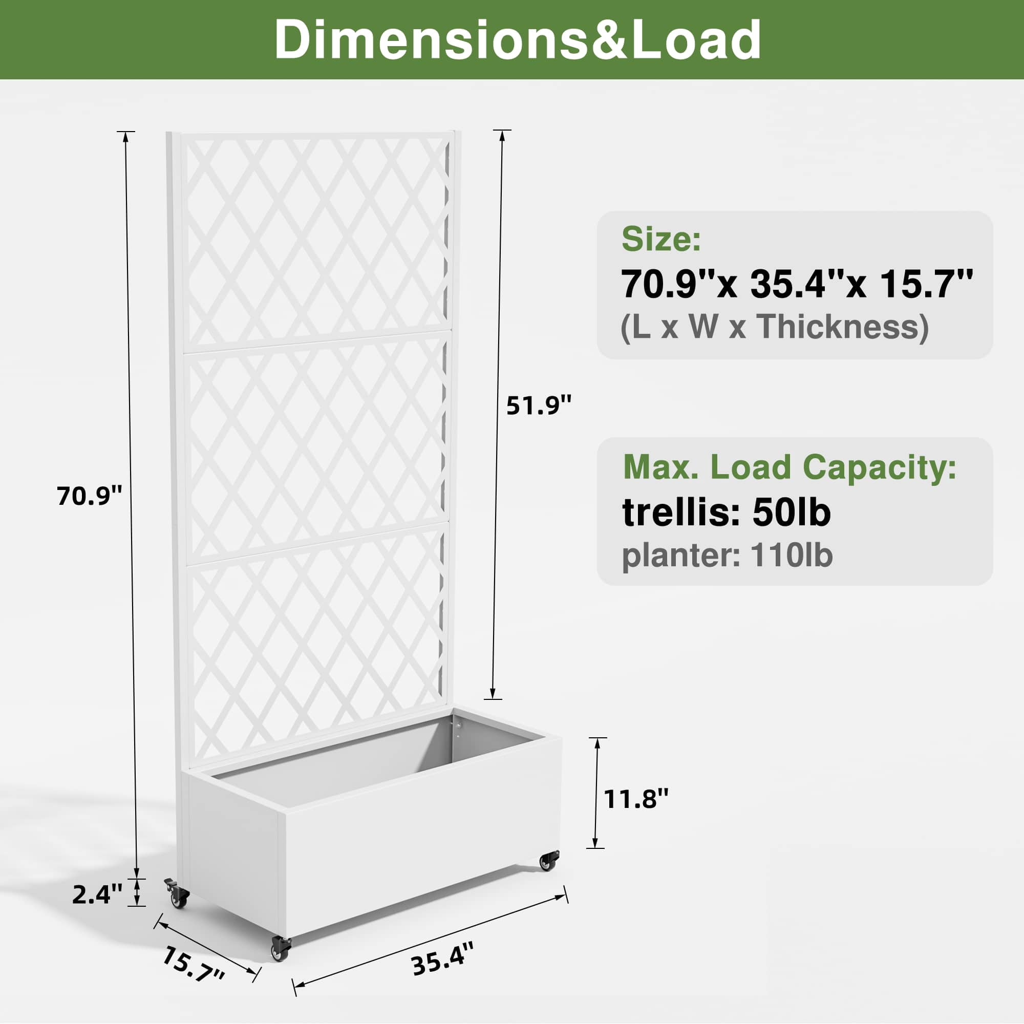 MAYEERTY 71" x 35" Metal Raised Garden Bed with Trellis Planter Box for Climbing Plants, White