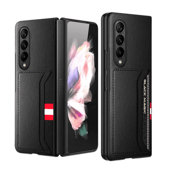 Compatible with Samsung Z Fold 3 Leather Case with Screen protection film and Card Holder Lychee Pattern Cover Case