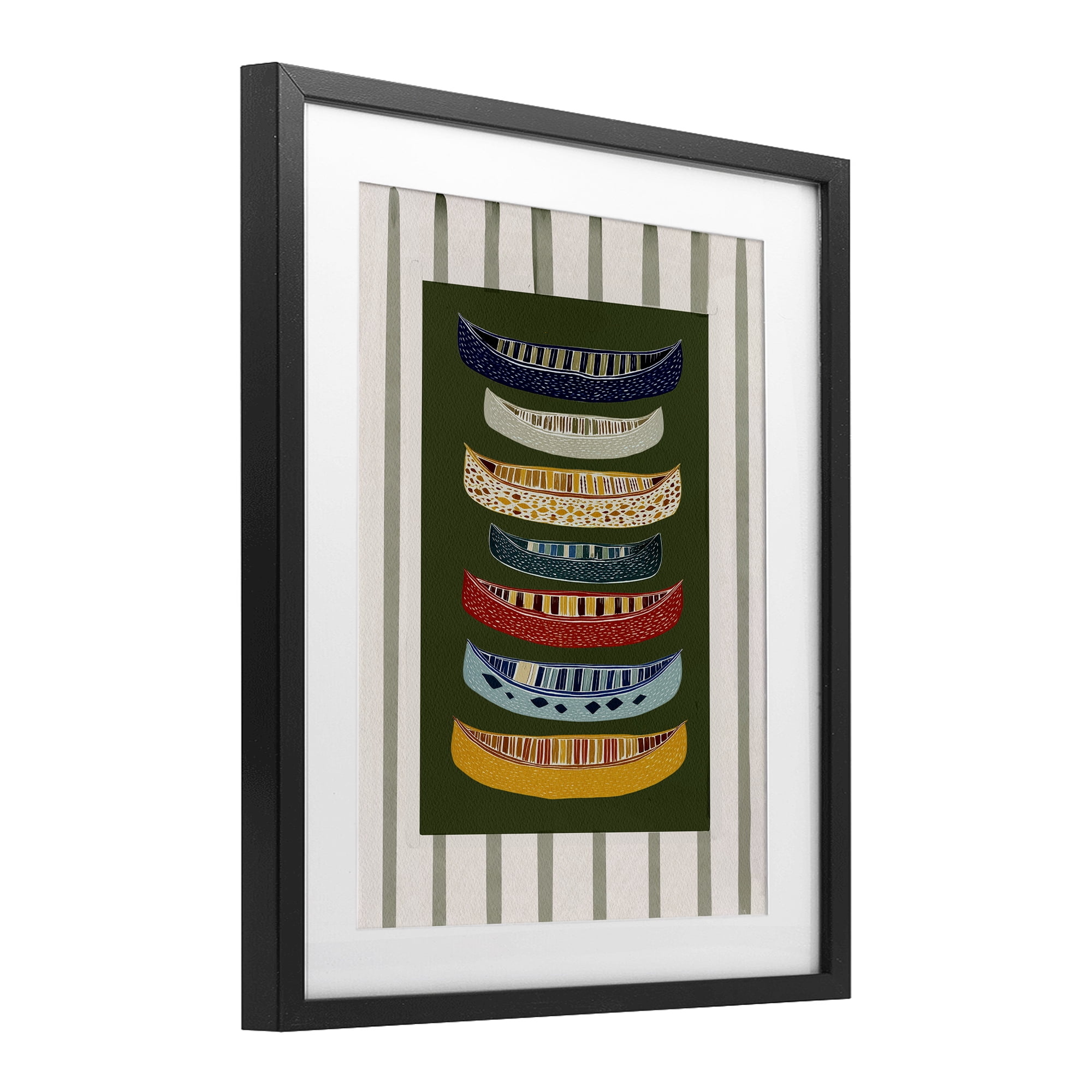 Stupell Industries Patterned Canoes over Stripes Black Framed Print Under Glass, design by Yen