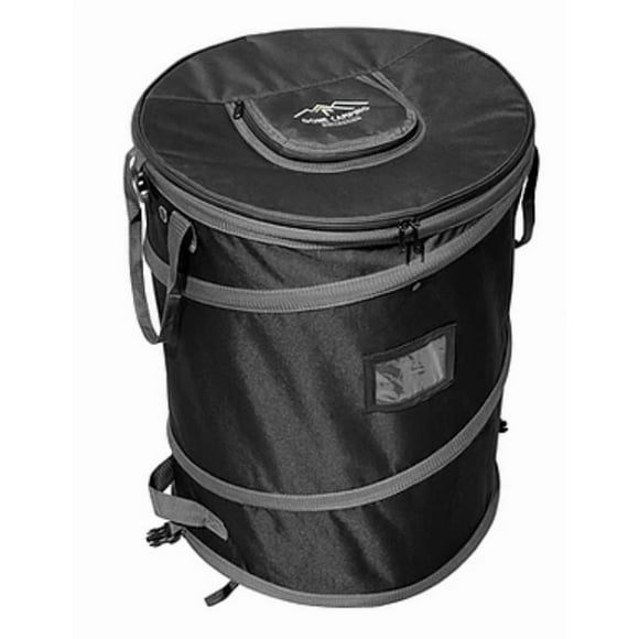 Trailersphere Trash Can GCTB01 Gone Camping; 30 Gallon Capacity; Round; Recycling Bin; Free Standing; Collapsible; 18 Inch Diameter x 24 Inch Height; Black; With Lid; Waterproof; With Zipper