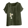 thumbnail image 3 of DDAPJ pyju Women's Linen Shirts Plus Size Short Sleeve Tops Floral Printed Dressy Casual Round Neck Button Blouses Deals of the Day Army Green XXXXL, 3 of 5