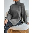 thumbnail image 5 of FEORJGP Women's Autumn Winter Sweater Long Sleeve Turtleneck Knit Pullover Solid Color Split Hem Long Knitwear Jumper Loose Casual Cozy Tops, 5 of 8