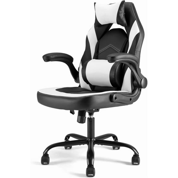 Ergonomic Computer Gaming Desk Chair, PU Leather with Adjustable Lumbar Support and Headrest, Flip-Up Armrests Swivel Wheels & Reclining Chair for Adults and Teens (White)
