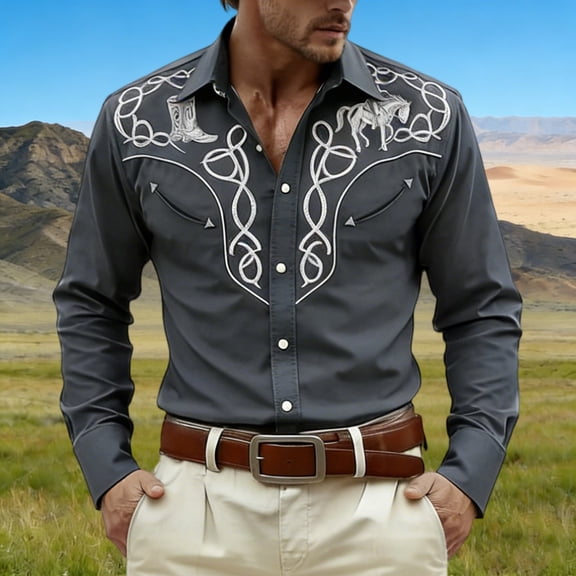 Mens Dress Shirts Casual Western Cowboys Long Sleeve Top Carnival Festive Button Down Lapel Comfortable Shirt for Men Grey M
