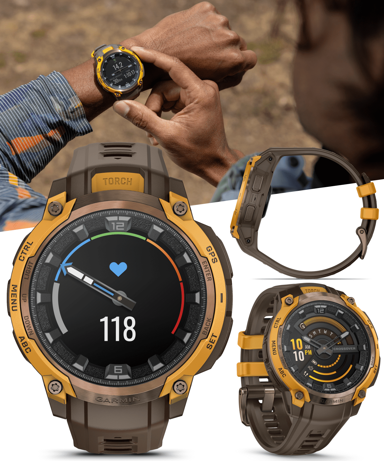 Garmin Instinct Crossover AMOLED Sapphire Rugged Hybrid GPS Smartwatch, Analog Hands, Bronze/Sunburst & Cocoa w/ Wearable4U Black EarBuds Bundle