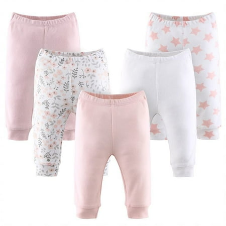 UPC: 0841297158155 | The Peanutshell Baby Pants for Girls 5 Pack Pink White Floral Stars