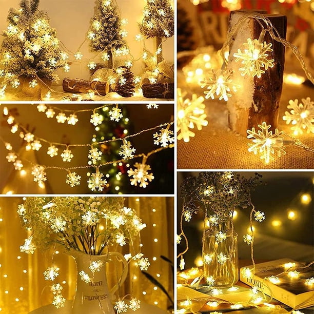 Guirnalda de luces navideñas con forma de copo de nieve a pilas, 5 m, 50 LED con mando a distancia, impermeable, para interior y exterior, ideal para fiestas, balcones y decoración DIY (blanco cálido)