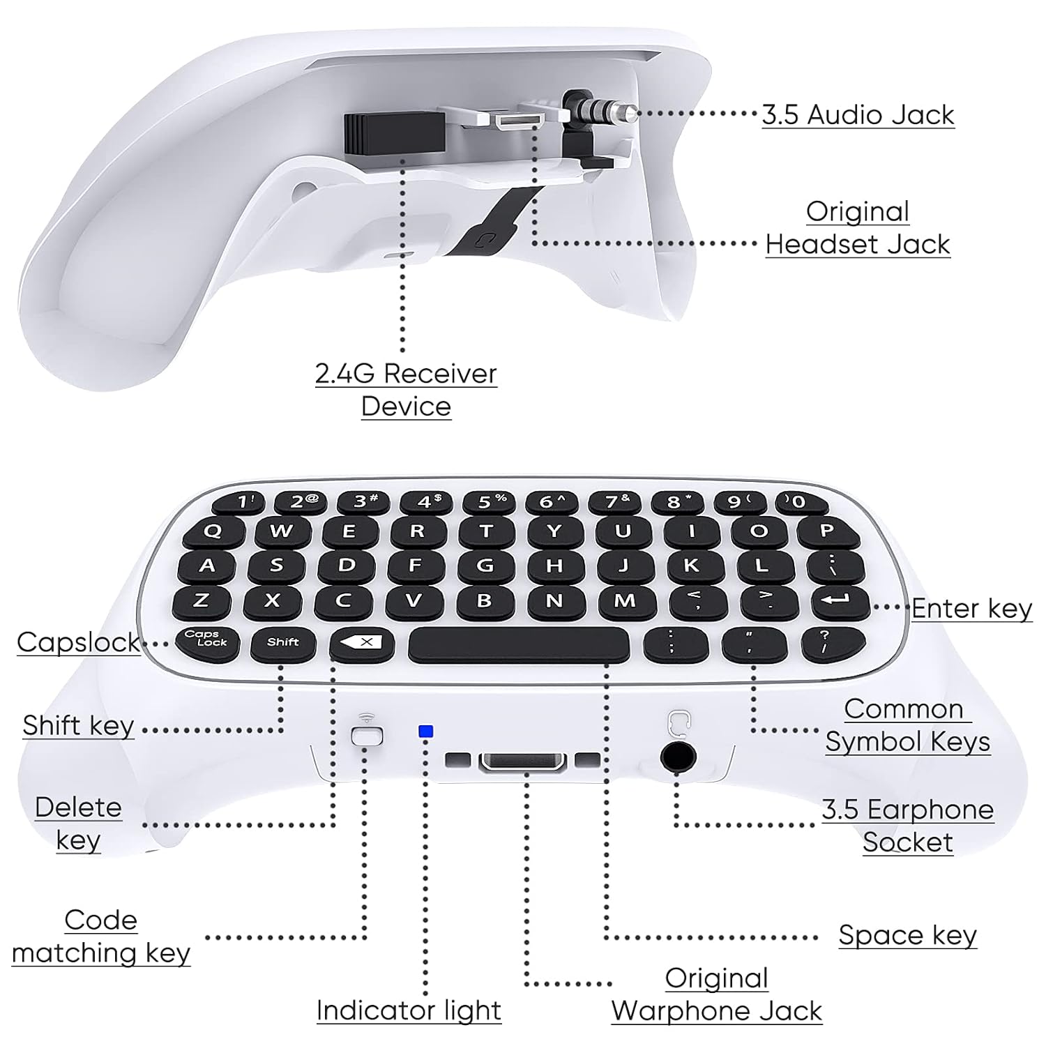 Keyboard for Xbox Series X/S/One/One S Controller, Wireless Chatpad Bluetooth Gaming Keypad with USB Receiver,Built-in Speaker,3.5mm Audio Jack Accessories for Xbox (Controller Not Included),White