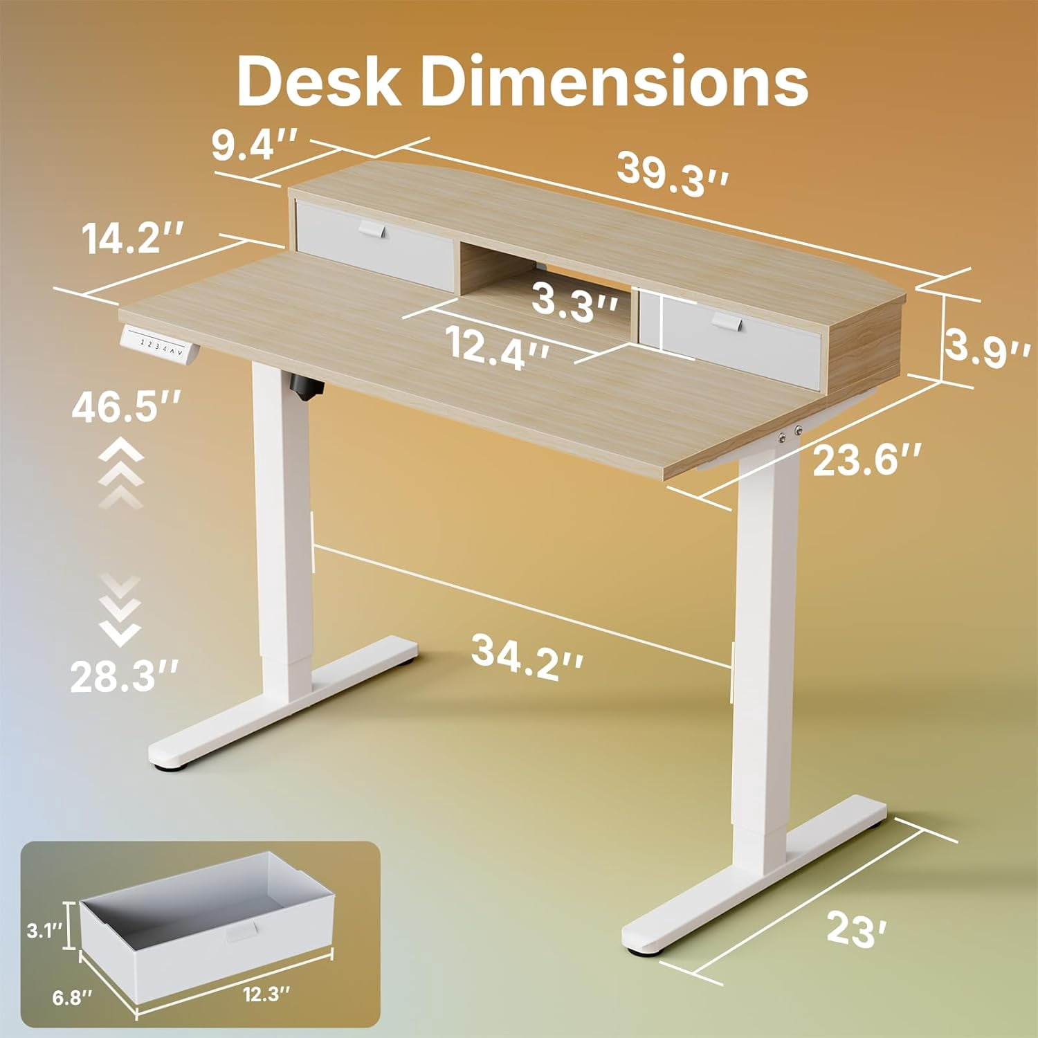 40 x 24 Inch Small Electric Standing Desk with 2 Drawers, Height Adjustable Sit Stand Desk with 4 Memory Settings, Light Walnut