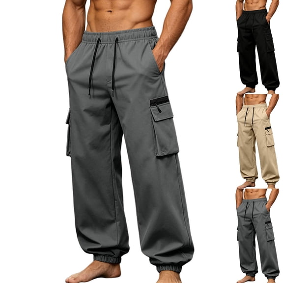 Men's Cargo Pants Loose Straight Leg Trousers, Drawstring Multi-Pockets, Lightweight Stretchy Breathable, Casual Daily Work Hiking Travel, Summer Outdoor Essential | JASKFLY,Black L
