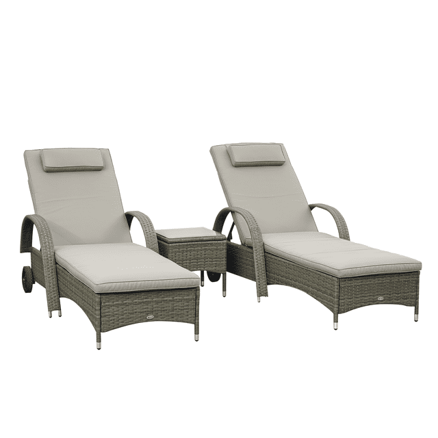 Patio Rattan Lounge Set, Wheeled Wicker Chaise Lounge Chair and Table with Tempered Glass Top, Mixed Grey