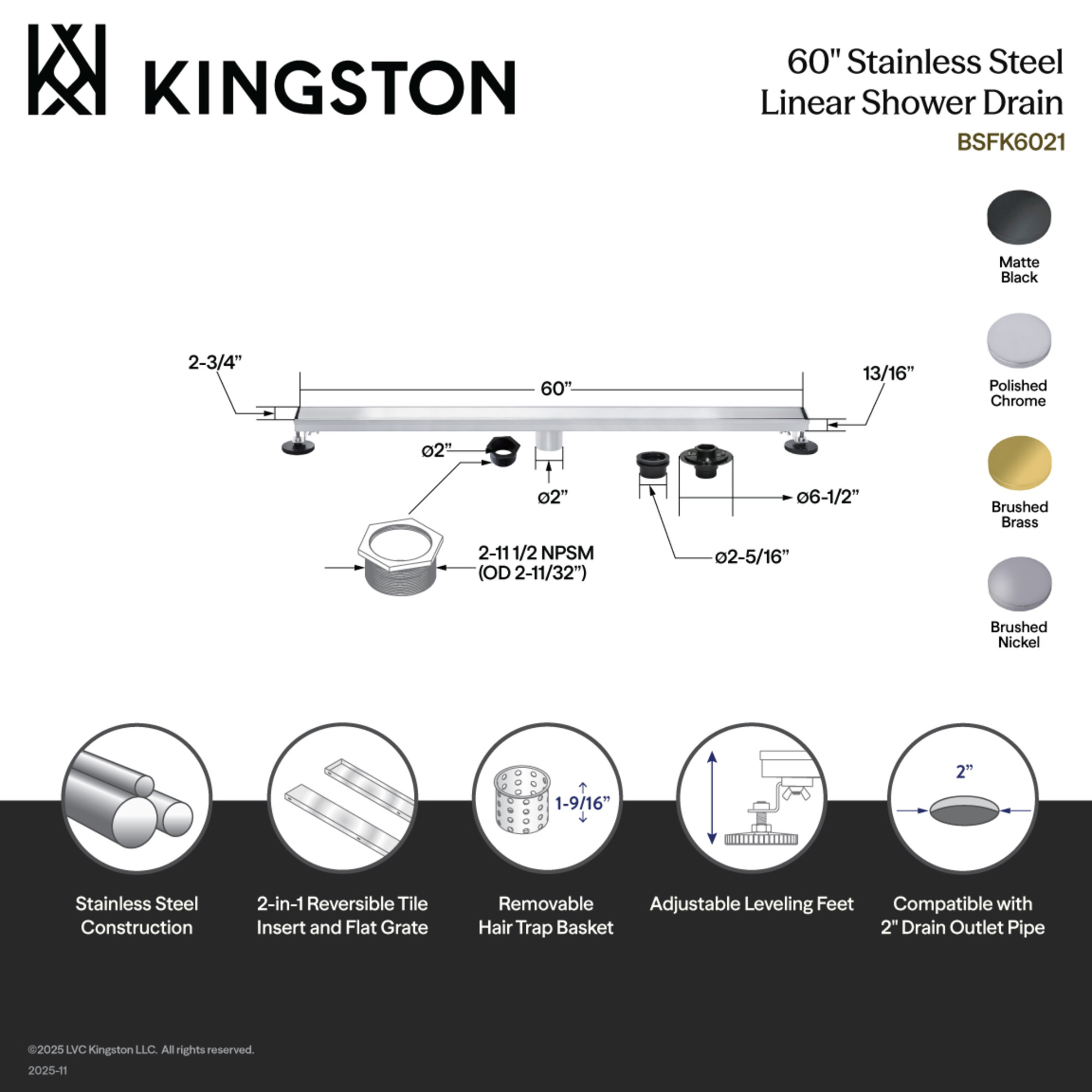 Kingston Brass BSFK6020 Watercourse 60-Inch Stainless Steel Linear Shower Drain with Reversible Tile Insert and Flat Grate, Drain with Base Flange and Hair Strainer in Matte Black