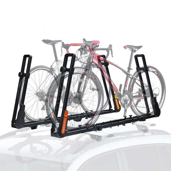 TOOENJOY Roof Mount Bicycle Car Rack, Upright Bike Rooftop Mount Rack with Dual Load Arm & Safe Ratchet Lock,Only for Movable Crossbar