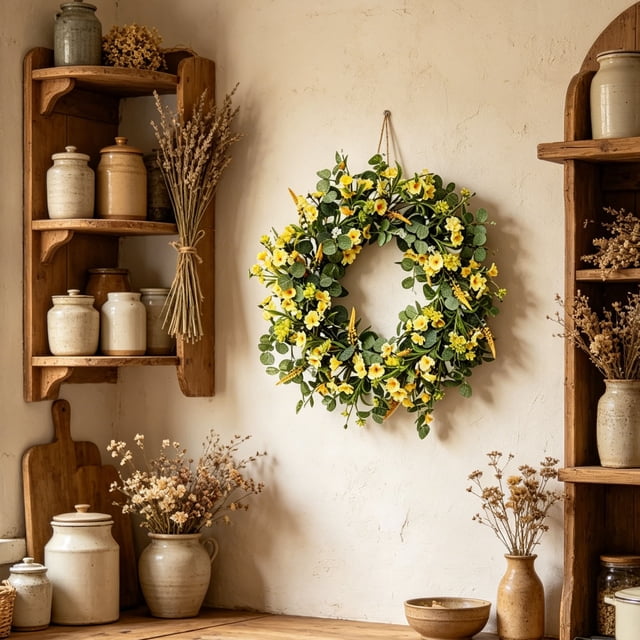 Corona artificial de primavera y verano para puerta principal, con base de ratán, flores de plástico y tela, 48 cm de diámetro, colgante decorativo de pared para hogar e interior.