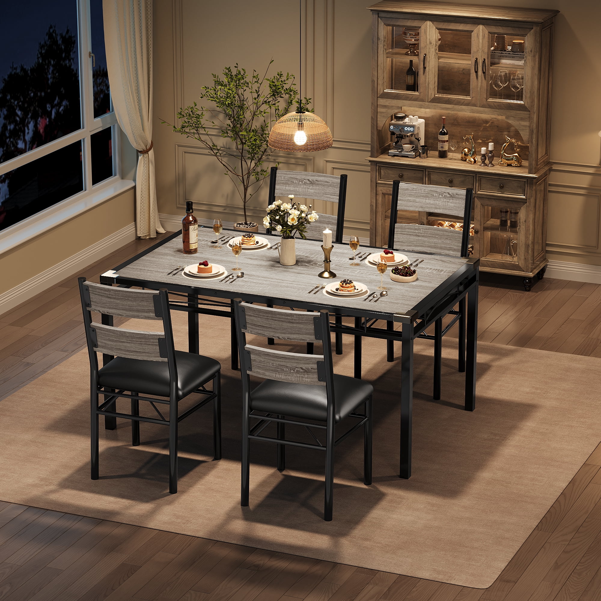 Space-Saving 4-Piece Dining Table Set – Wood Table & Upholstered Chairs with Corner Protectors – Modern Apartment or Breakfast Nook Furniture – Vintage Grey, 1 Table + 4 Chairs (Color: grey