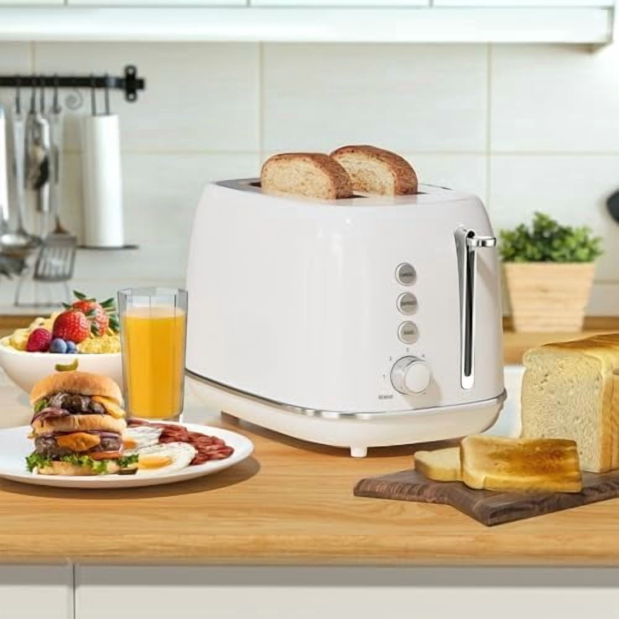 Toaster 2 Slice, Retro Wide Slot Stainless Steel Toaster with 6 Browning Levels, Reheat & Defrost, for Bagel, Toast, Bread, Kitchen Essentials, Removable Crumb Tray, White