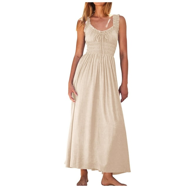 2025 Vestido largo sin mangas de verano para mujer con cintura imperio fruncida y volantes - Boho A-Line con dobladillo fluido