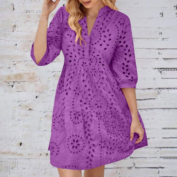 qolati Summer Dresses for Women 2025 Swimsuit Cover Ups 3/4 Sleeve Eyelet Henley V Neck A-Line Dress Loose Hollow Out Beach Vacation Sundress