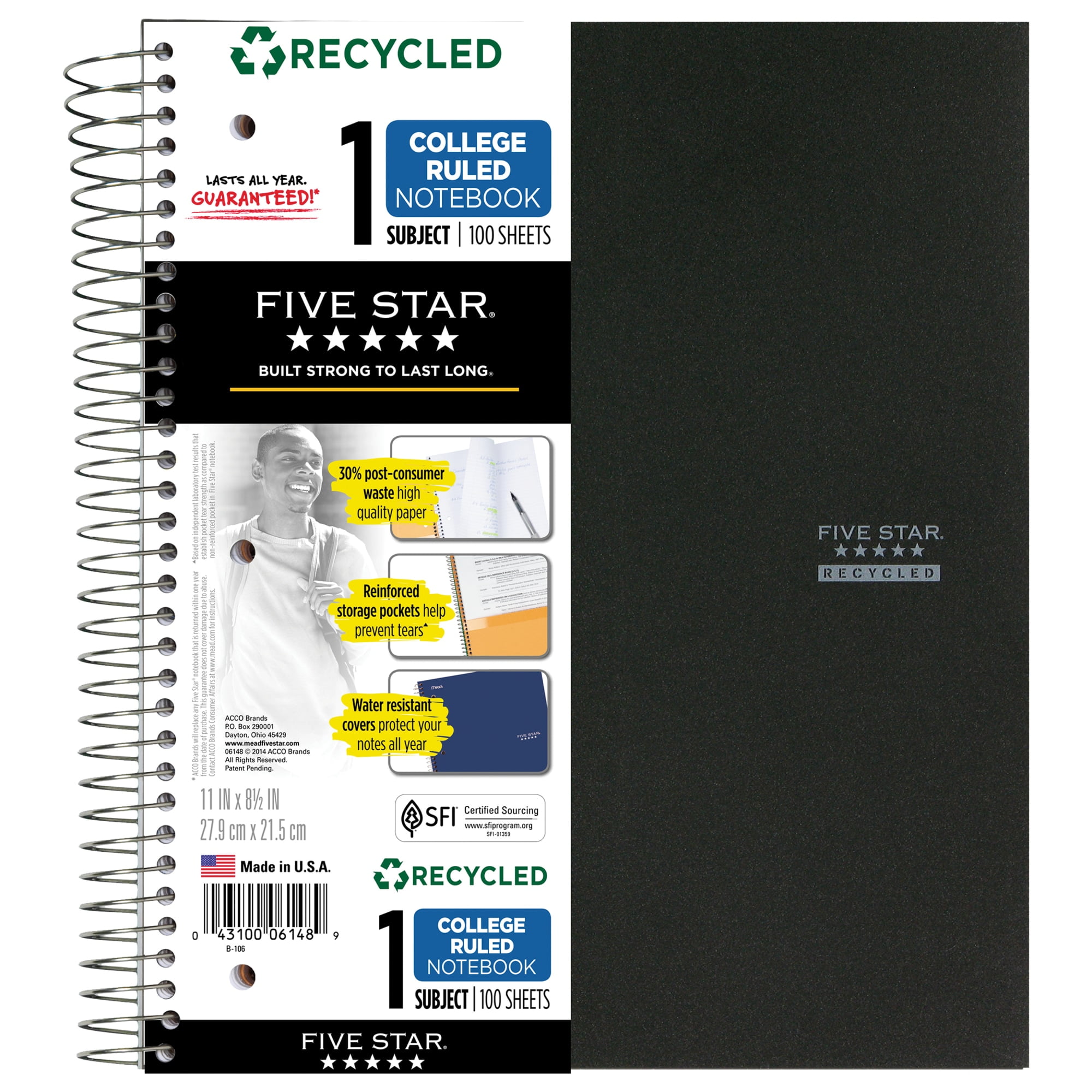 Five Star® 50% Recycled Notebook, 8 1/2' x 11', 1 Subject, College Ruled, 100 Sheets