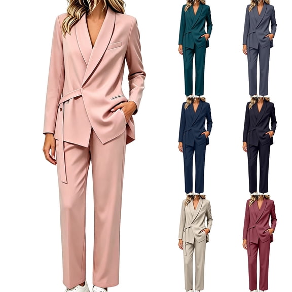 Akmaiox Two Piece Sets for Women Dressy Long Sleeve Drawstring Waist Blazer Jacket and Wide Leg Pants Business Casual Outfits M-5XL