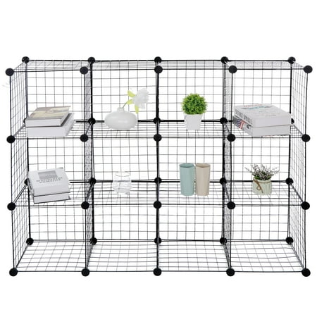 HomGarden Wire Grid Storage Shelves, 12-Cube Modular Bookcase, Stackable Organizer Home Furniture Black