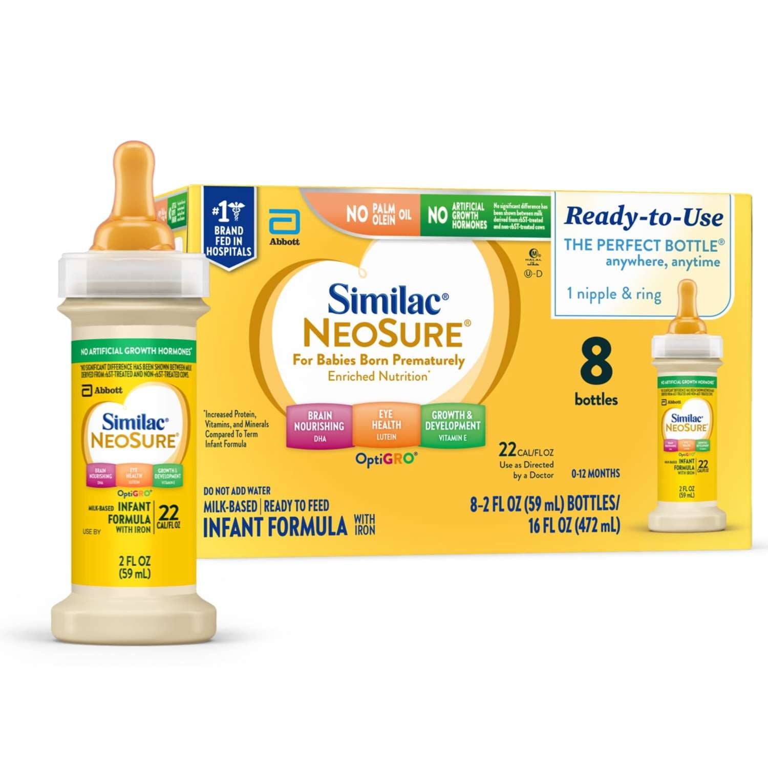 Similac NeoSure Premature Post-Discharge Ready-to-Feed Baby Formula, 2-fl-oz Bottle, Pack of 8